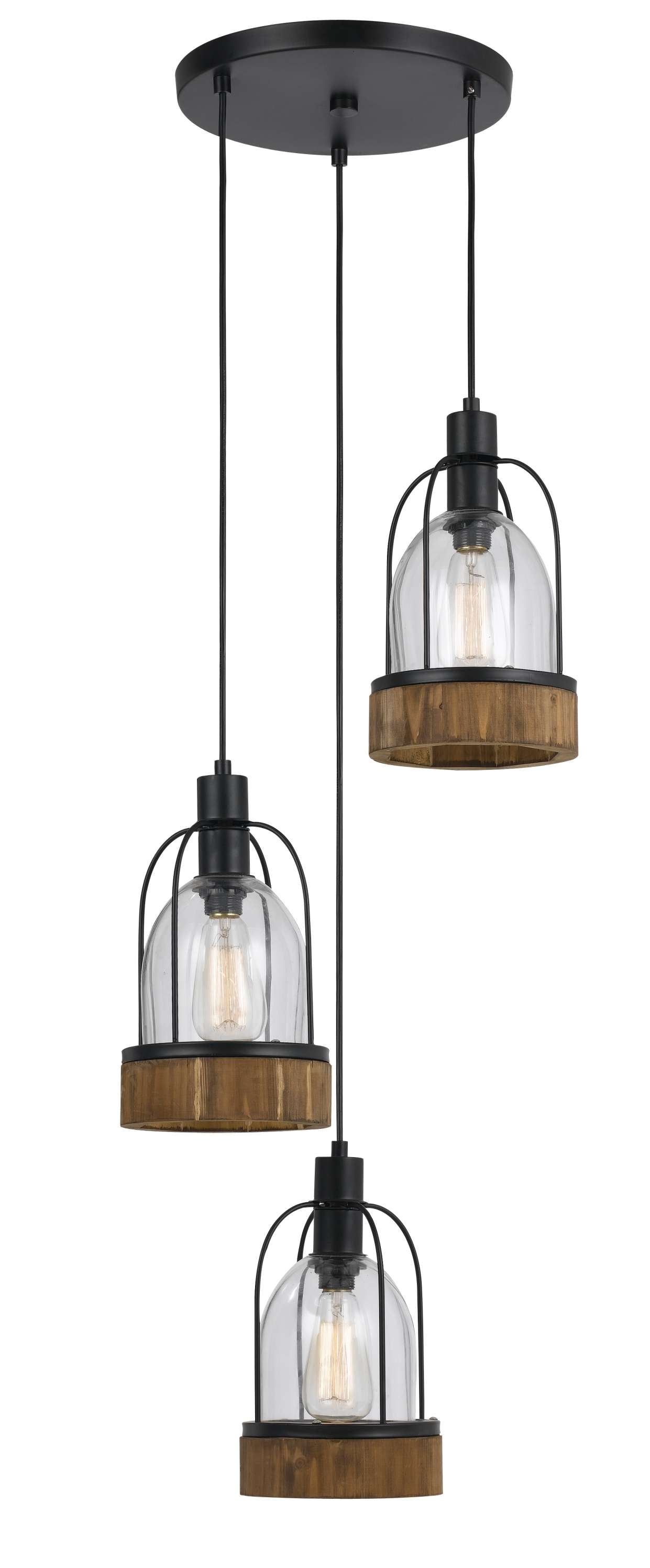 60 X 3 Watt Metal And Wood Pendant With Glass Encasing, Brown And Black By Benzara