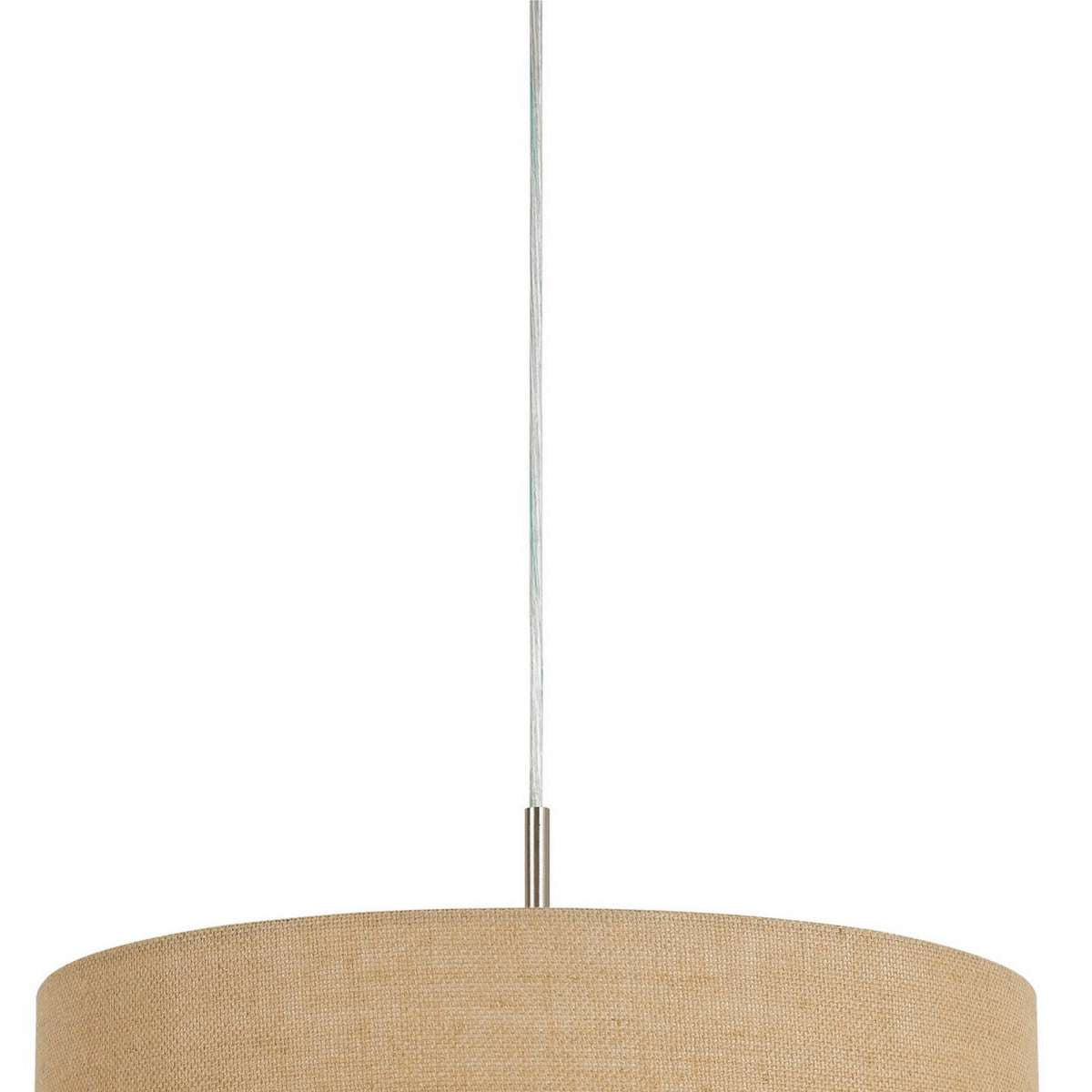 Metal Pendant Lighting With Fabric Circular Drum Shade And Cord, Beige By Benzara