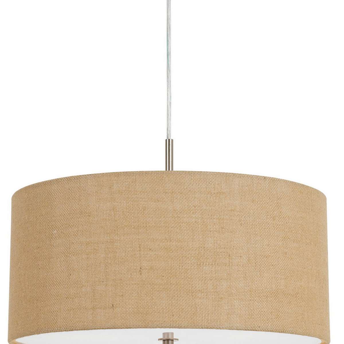 Metal Pendant Lighting With Fabric Circular Drum Shade And Cord, Beige By Benzara