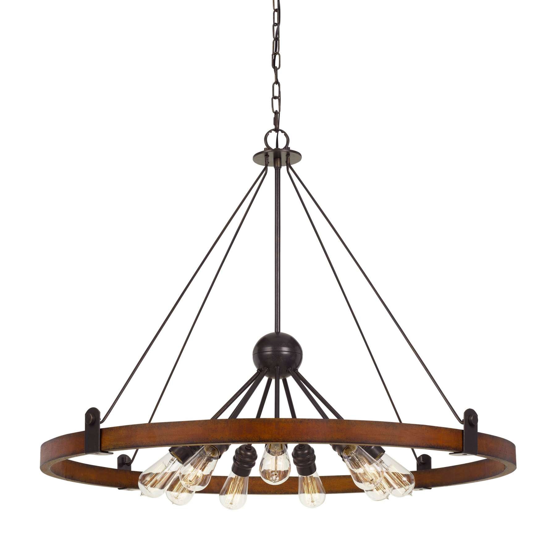 9 Bulb Chandelier With Round Wooden Frame And Metal Cantilevers, Brown By Benzara