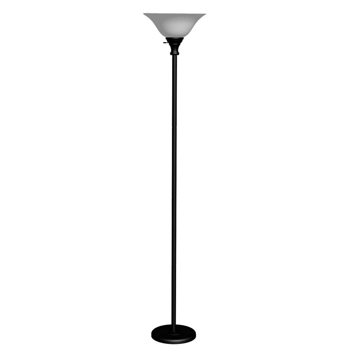Metal Round 3 Way Torchiere Lamp With Frosted Glass Shade, Black And White By Benzara