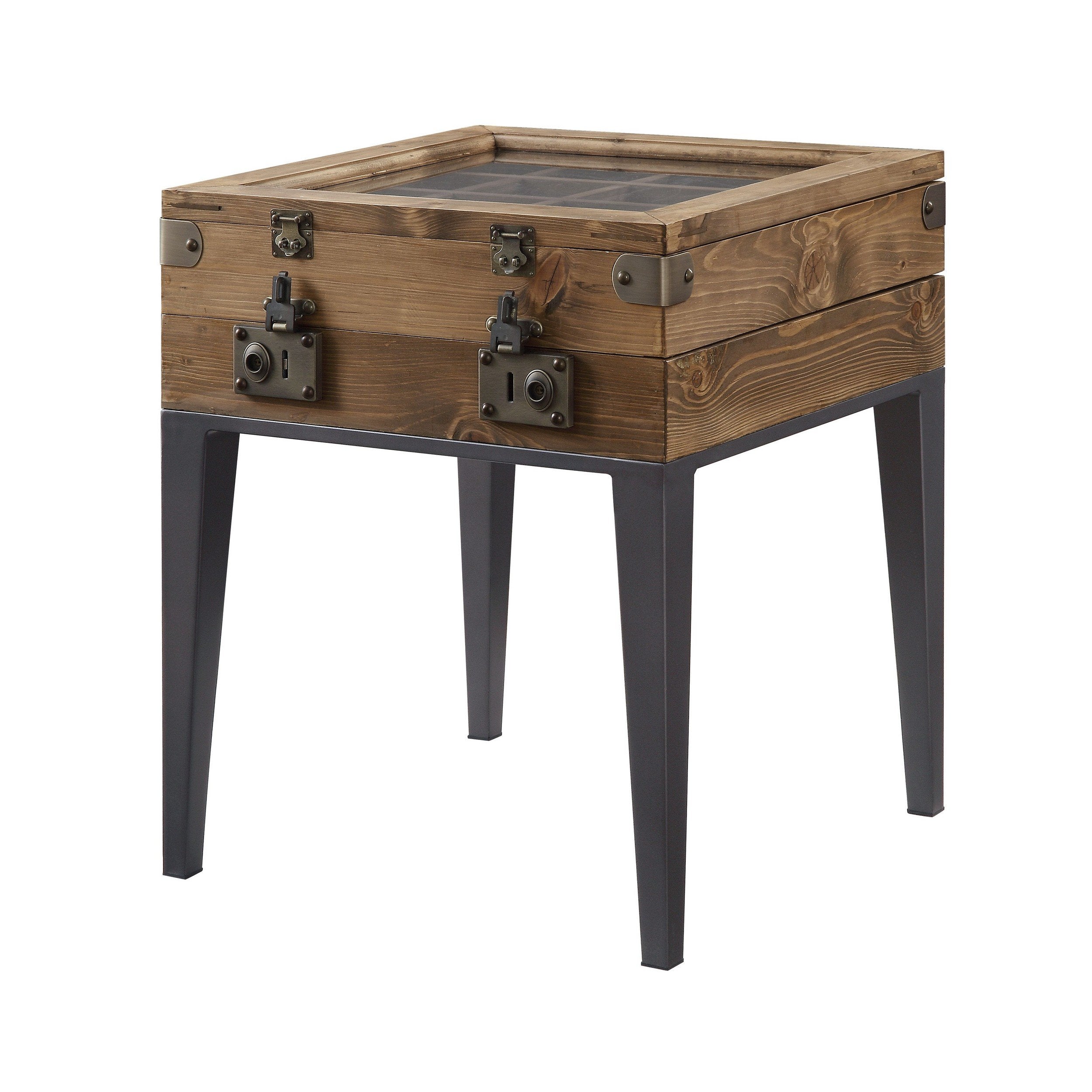 Benzara BM225899 24" Trunk Style Accent Table with Glass Top Encasing and Metal Tapered