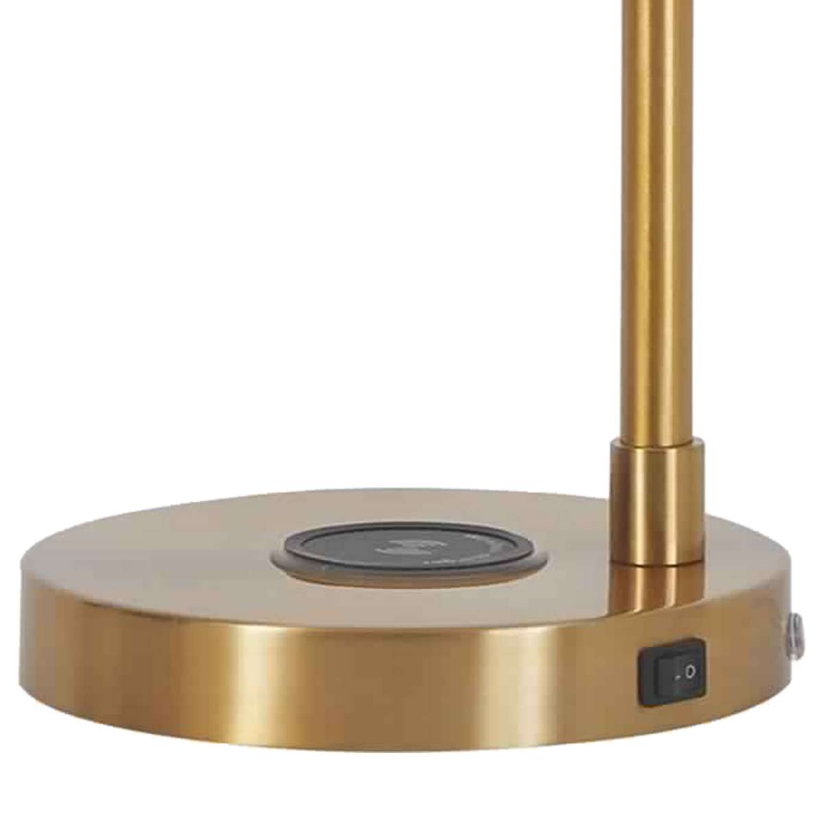Metal Desk Lamp With Round Glass Shade And Wireless Charger, Gold By Benzara