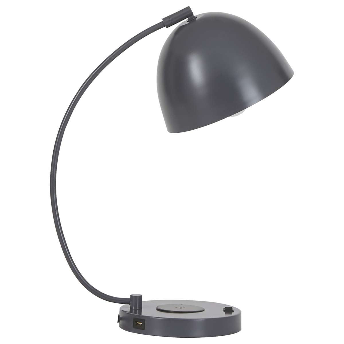 Curved Metal Desk Lamp With Usb And Wireless Charging Pad, Gray By Benzara