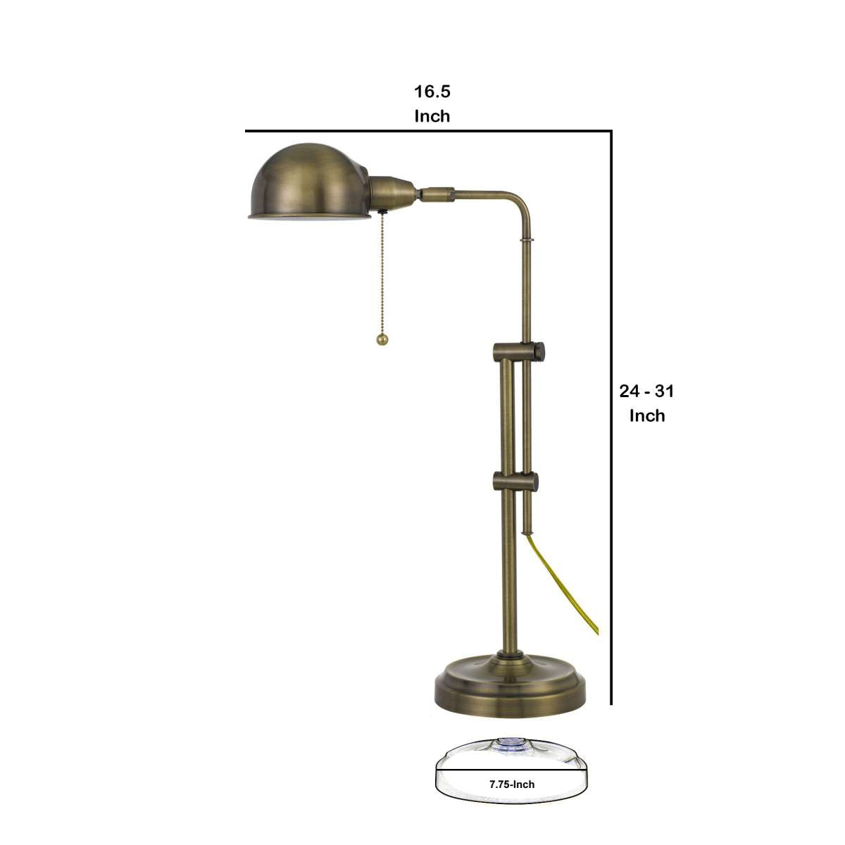 Adjustable Height Metal Desk Lamp With Dome Shade, Brass By Benzara