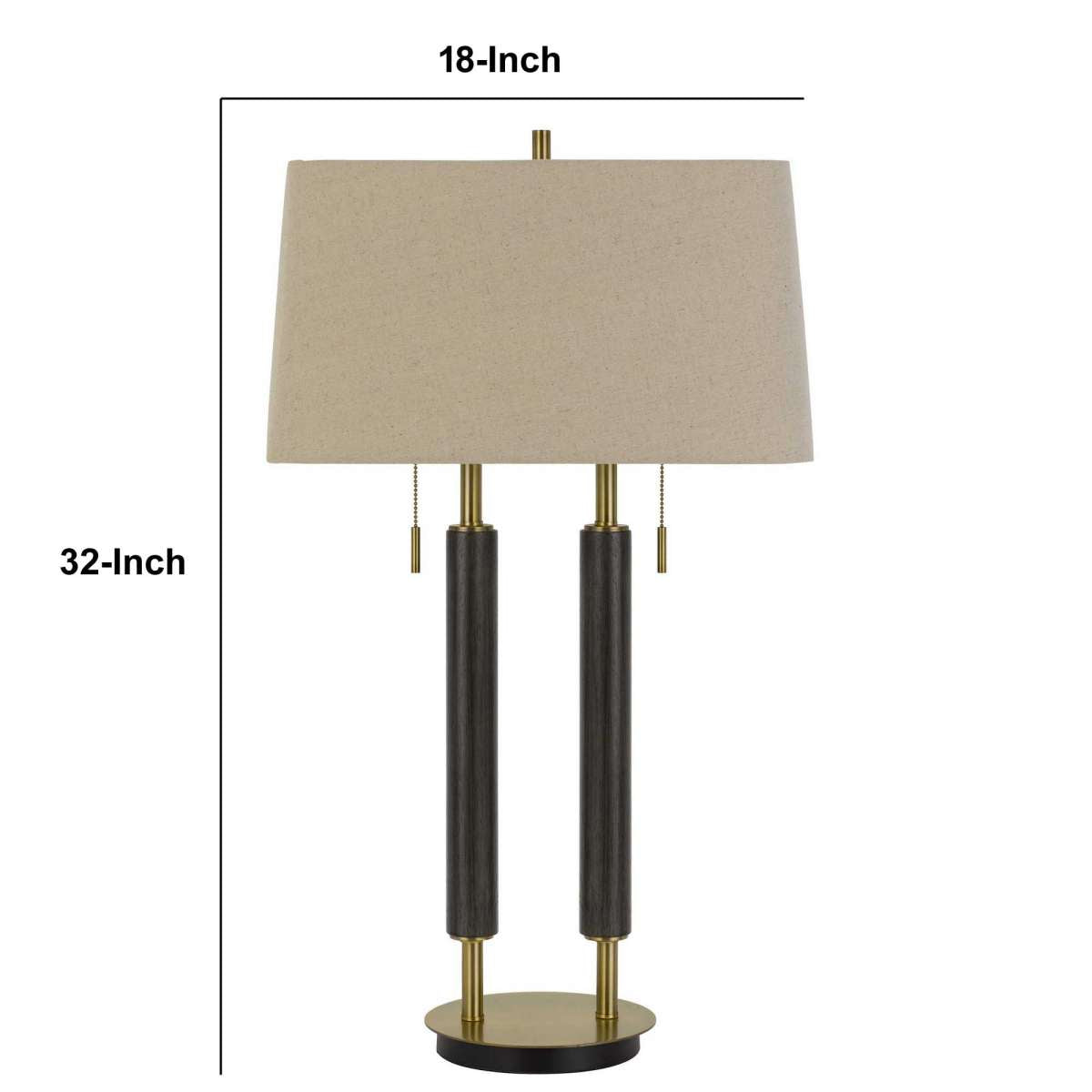 32" Metal And Wood Desk Lamp With Two Light Setup, Brown And Gold By Benzara