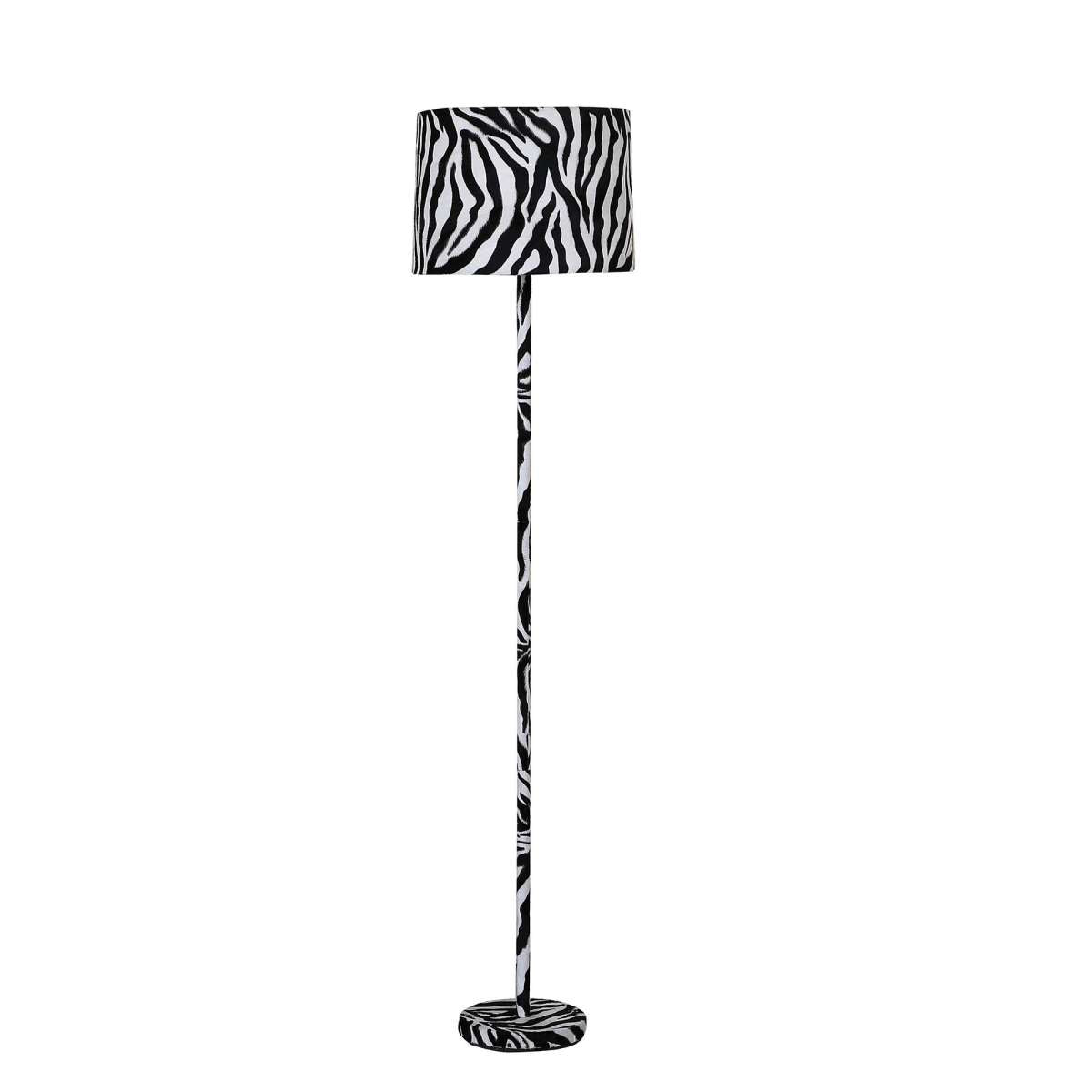 Fabric Wrapped Floor Lamp With Animal Print, White And Black By Benzara