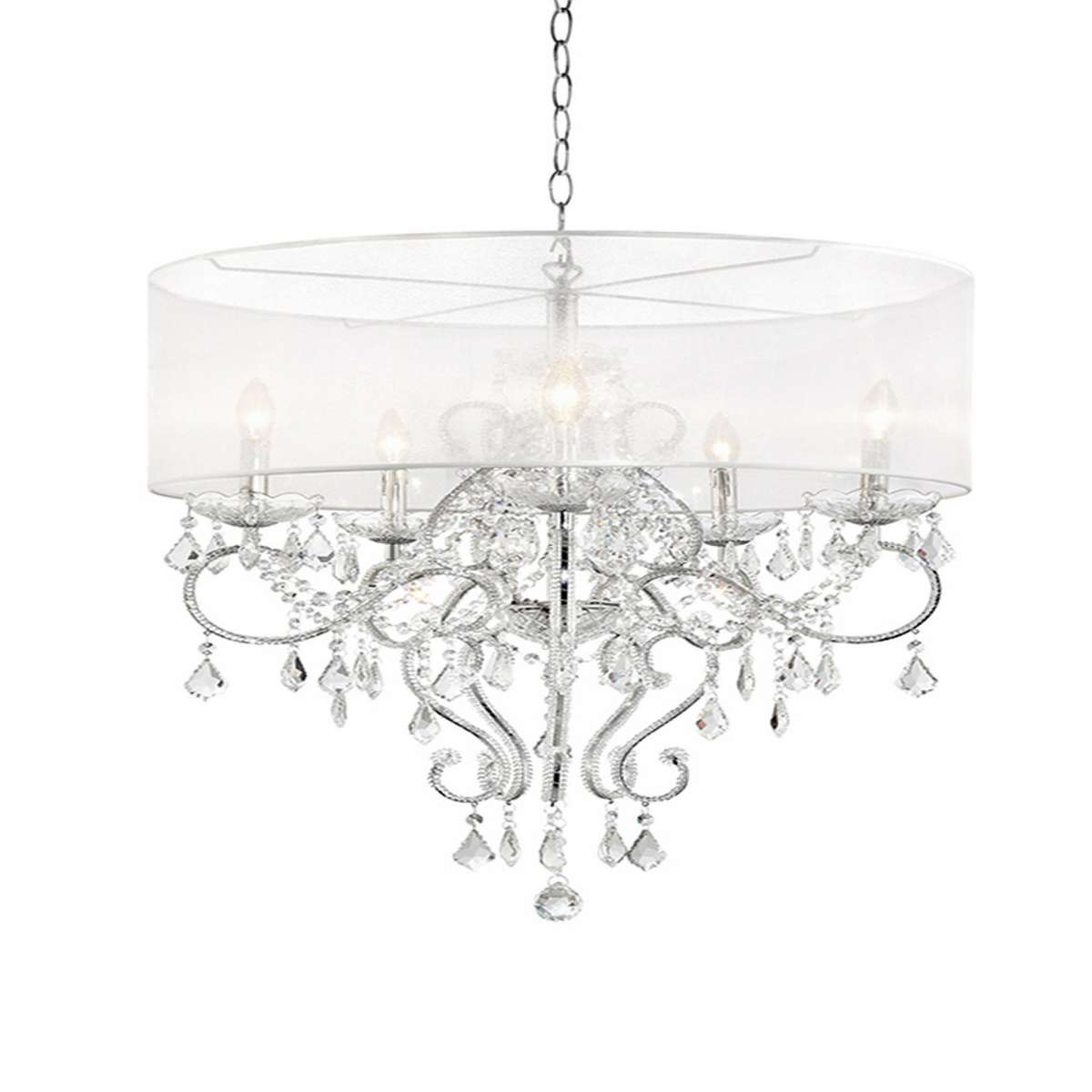 Ceiling Lamp With Hanging Crystals And Round Canopy, Silver By Benzara
