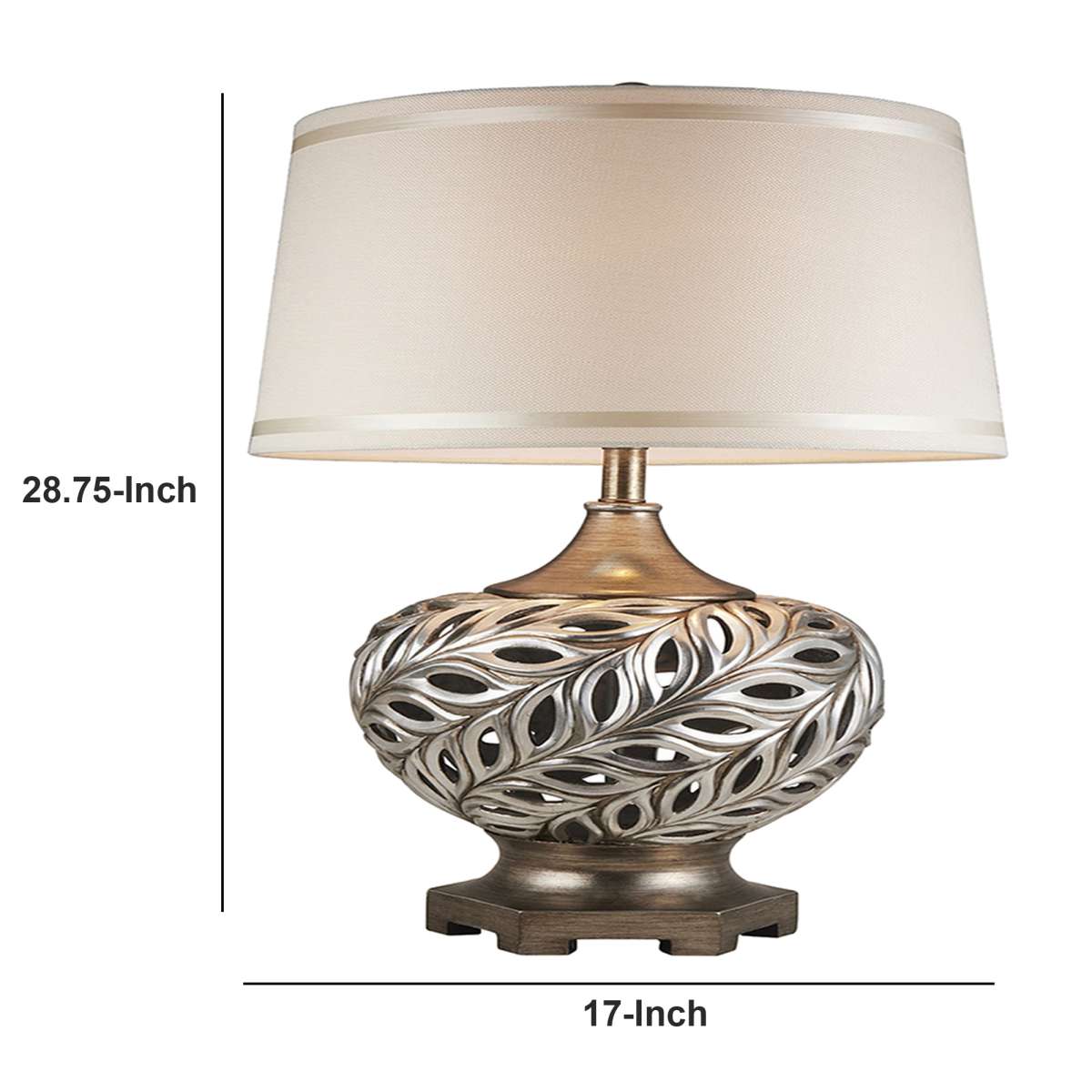 Table Lamp With Scrolled Peacock Feather Cutout Base, Silver By Benzara