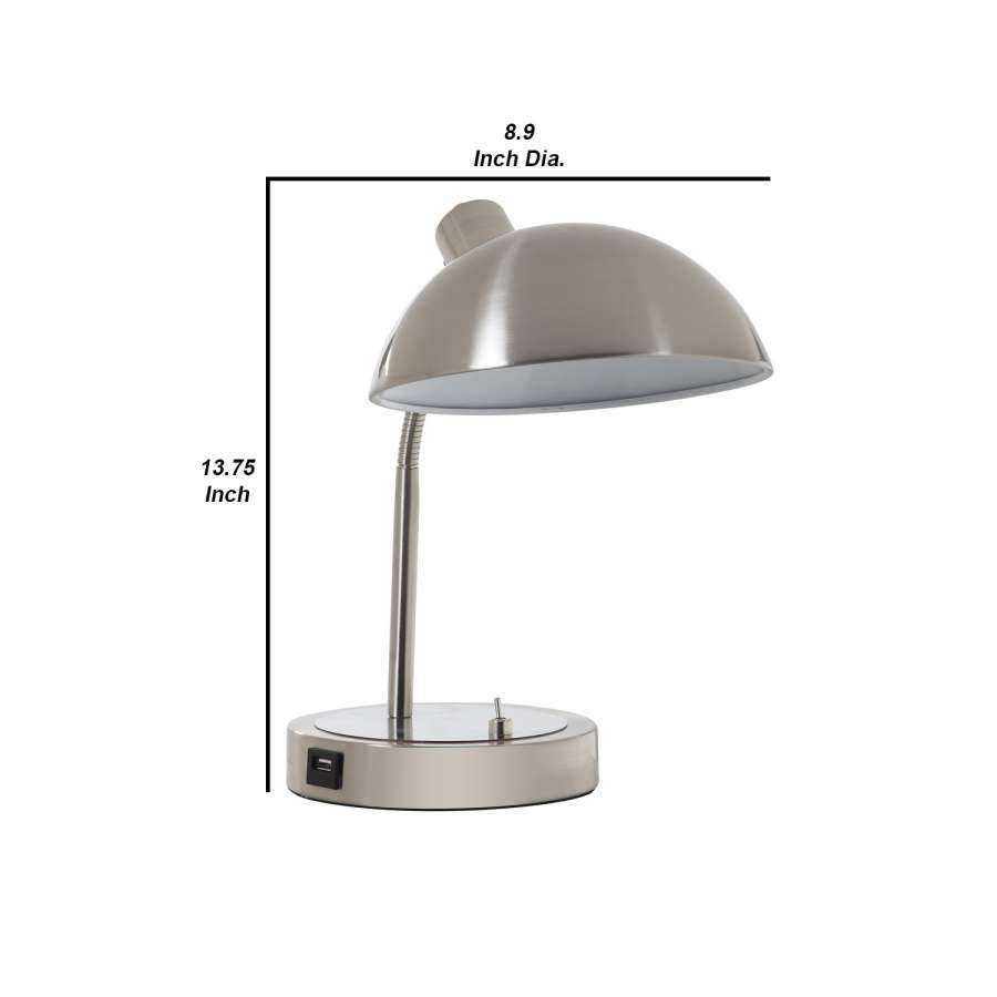 Desk Lamp With Adjustable Head And Usb Port, Brushed Nickel By Benzara