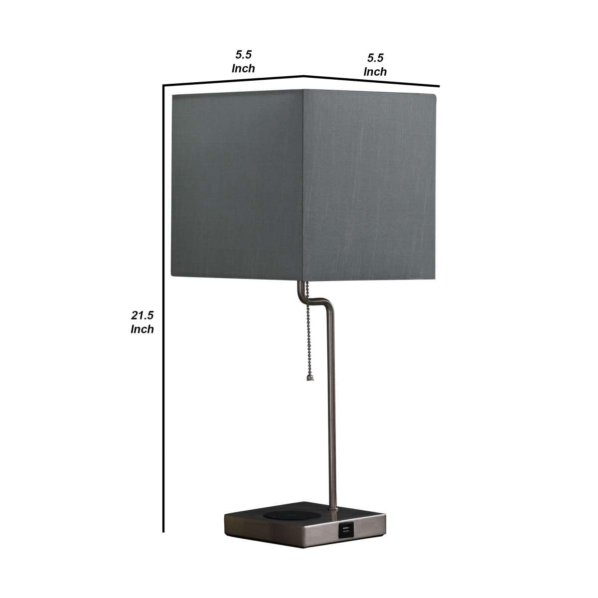 Table Lamp With Wireless Charging And Square Shade, Silver By Benzara