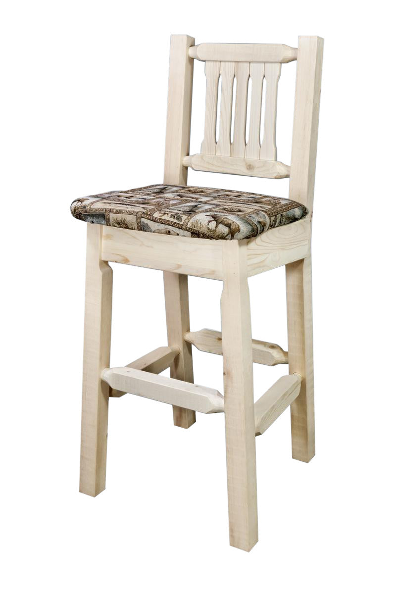 Montana Woodworks Glacier Country Collection Wood Barstool w/ Back, Upholstered Seat