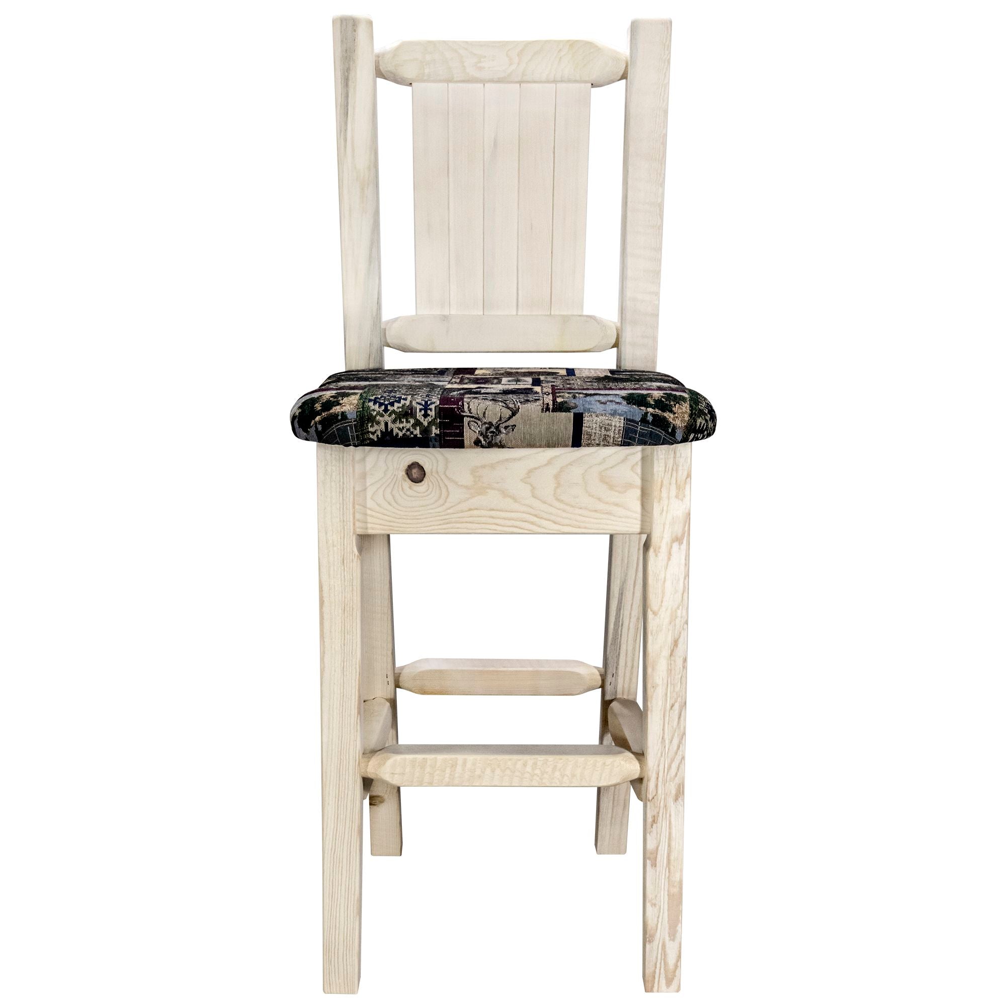 Montana Woodworks Homestead Collection Barstool w/ Back - Woodland Upholstery, w/ Laser Engraved Clear Lacquer Finish