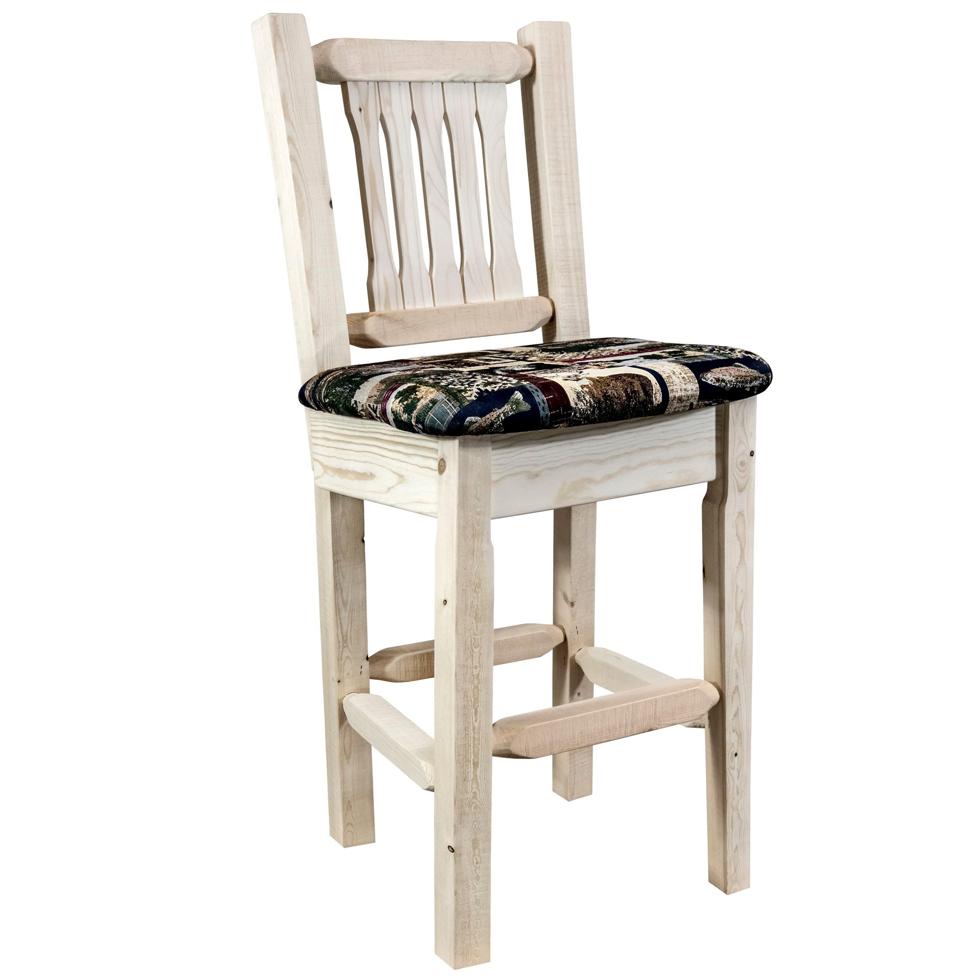 Montana Woodworks Homestead Collection Barstool w/ Back and w/ Upholstered Seat, Woodland Pattern