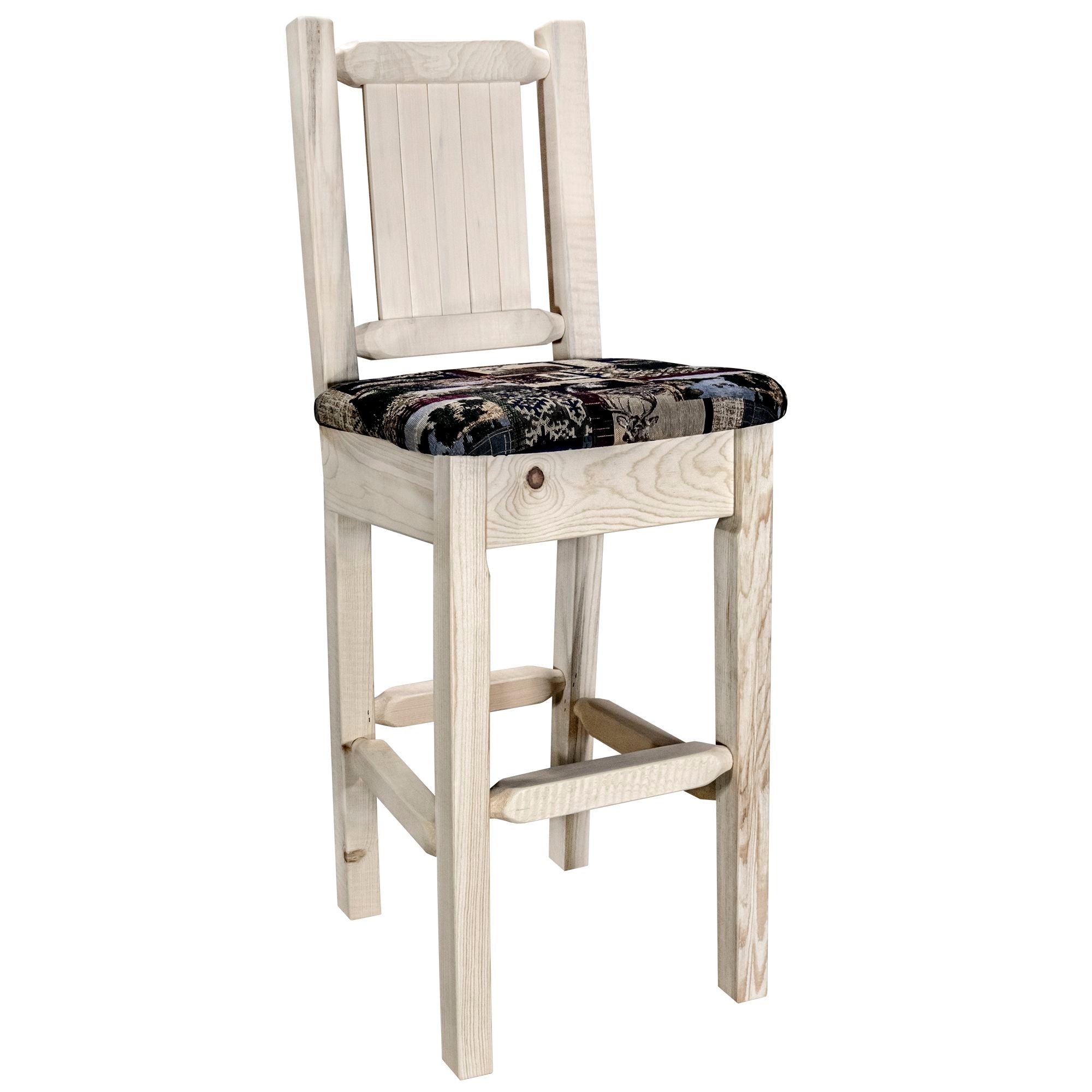 Montana Woodworks Homestead Collection Barstool w/ Back - Woodland Upholstery, w/ Laser Engraved Ready to Finish