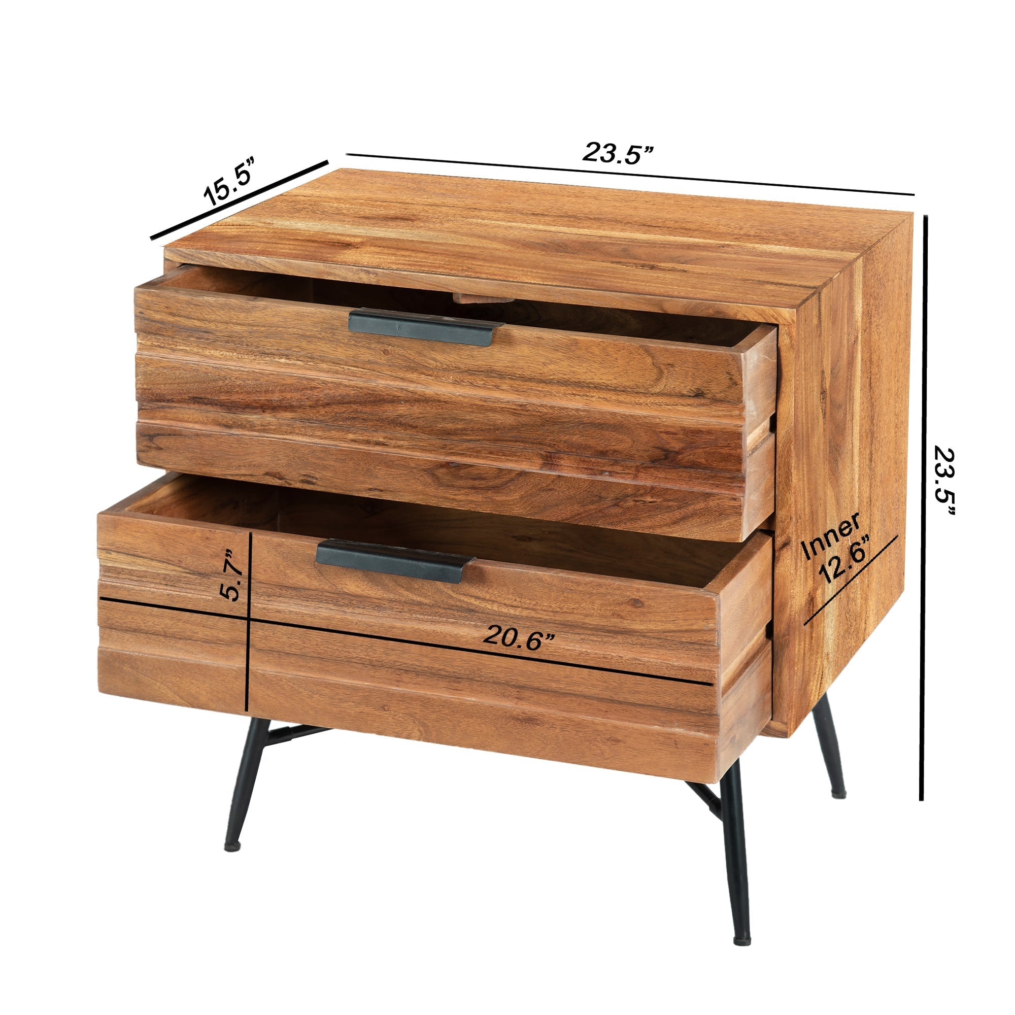 Benzara UPT-195128 2 Drawer Wooden Nightstand with Metal Angled Legs