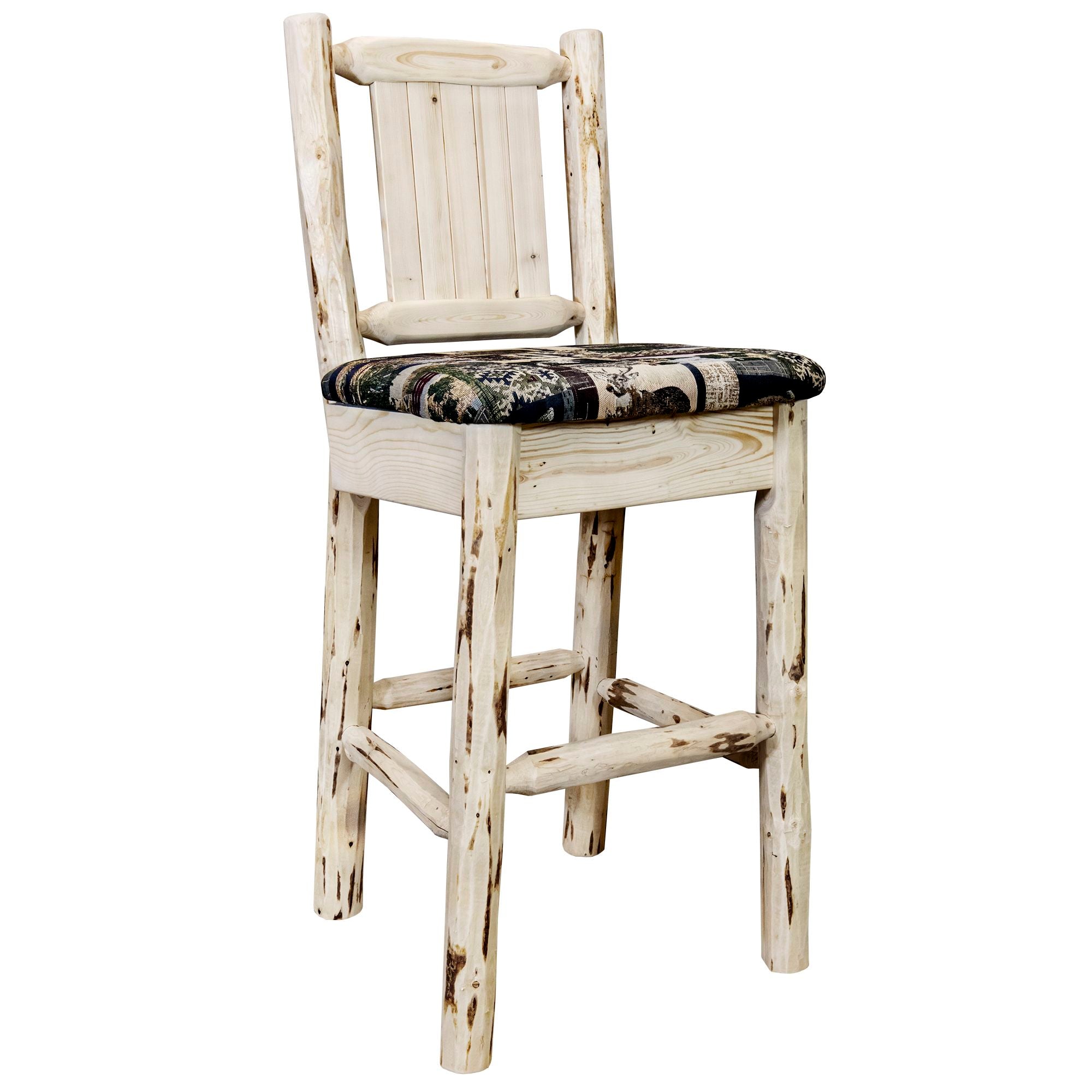 Montana Woodworks Collection Barstool w/ Back - Woodland Upholstery, w/ Laser Engraved  Clear Lacquer Finish