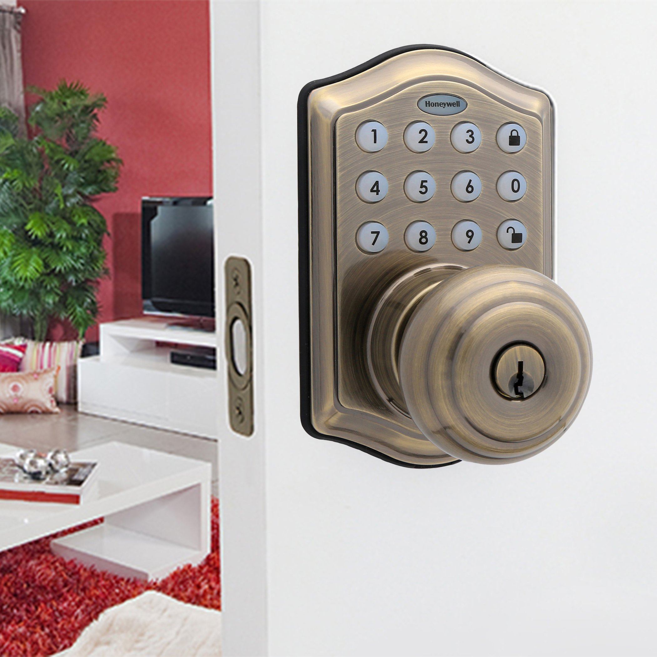 Honeywell 8732101 Electronic Entry Knob Door Lock with Keypad in Antique Brass