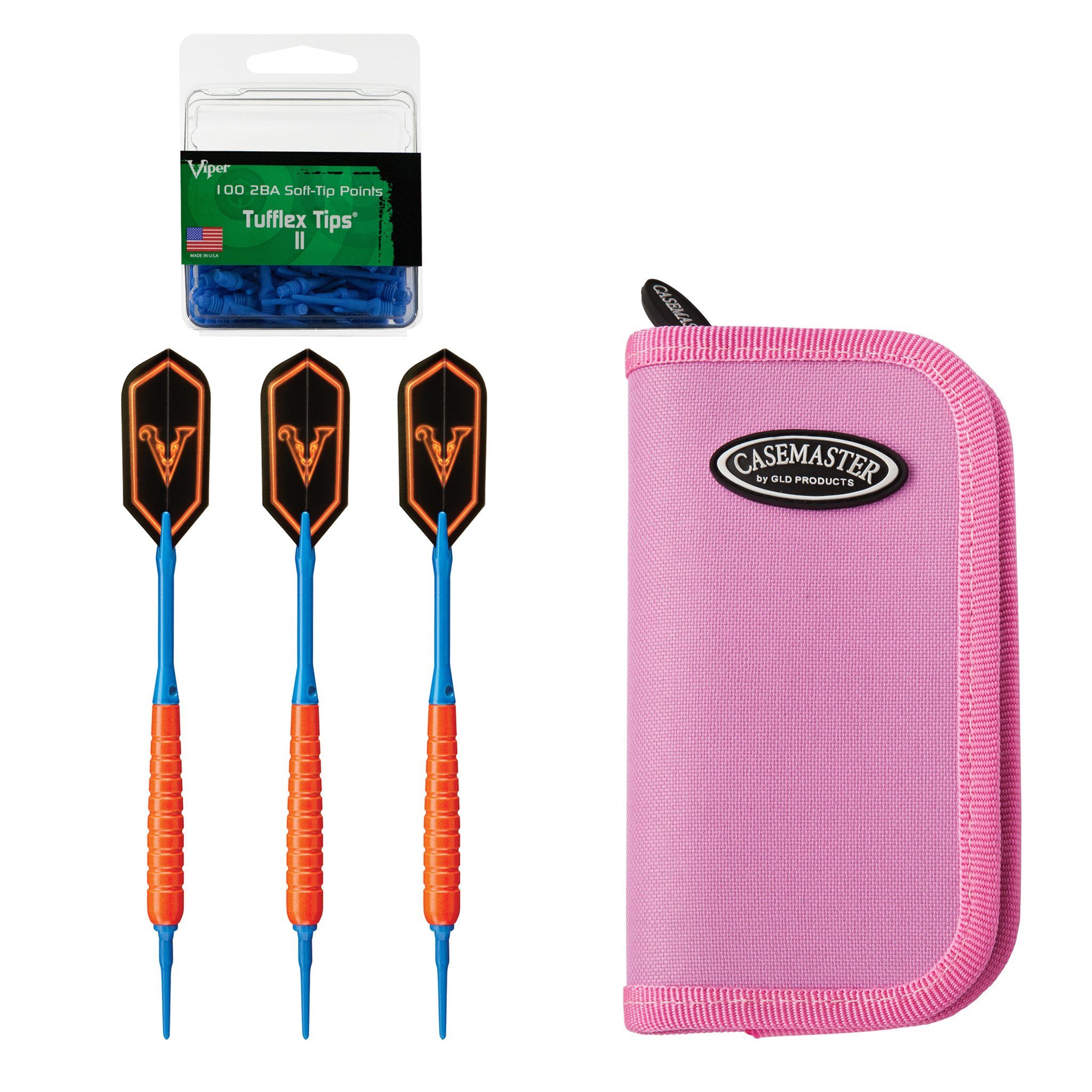 Viper V Glo Soft Tip 18gm Orange, Casemaster Deluxe Pink Nylon Case, and 2BA Tufflex Tips II- Blue 100ct. Box