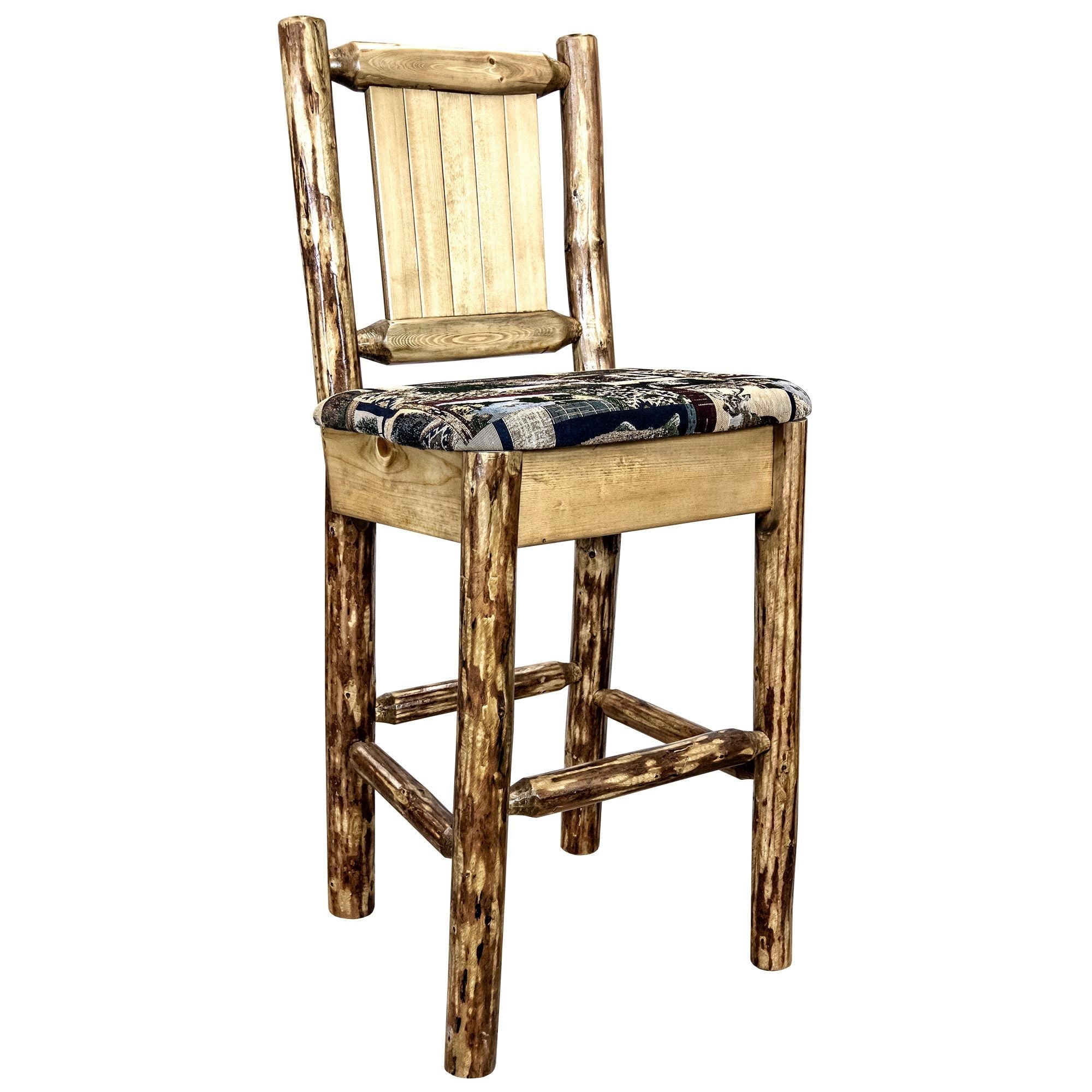 Montana Woodworks Glacier Country Collection Counter Height Barstool w/ Back - Woodland Upholstery, w/ Laser Engraved