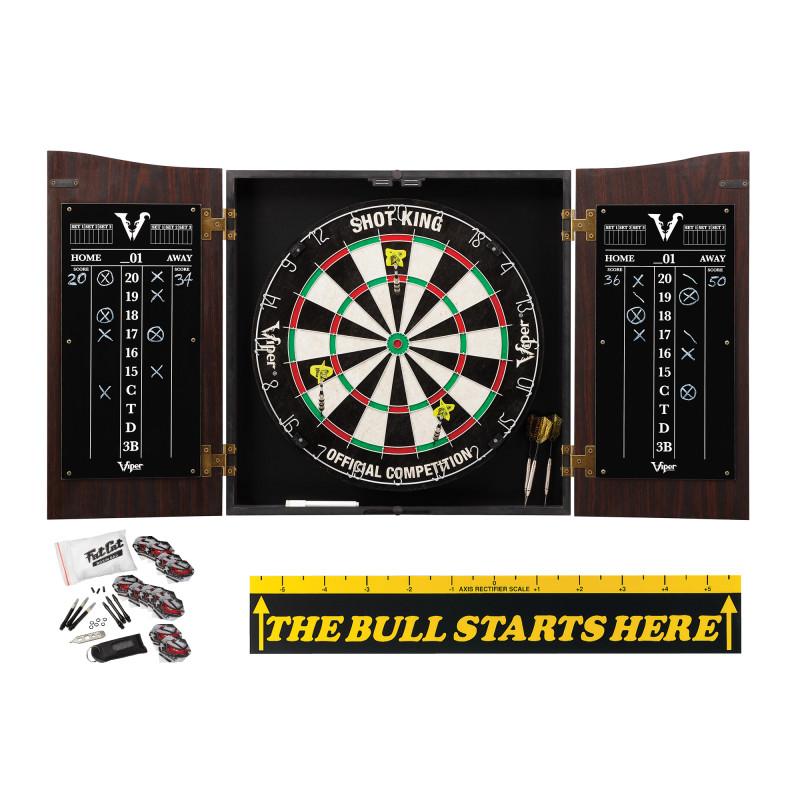 Viper Vault Cabinet with Shot King Sisal Dartboard, Steel Tip Dart Accessories Kit & "The Bull Starts Here" Throw Line Marker