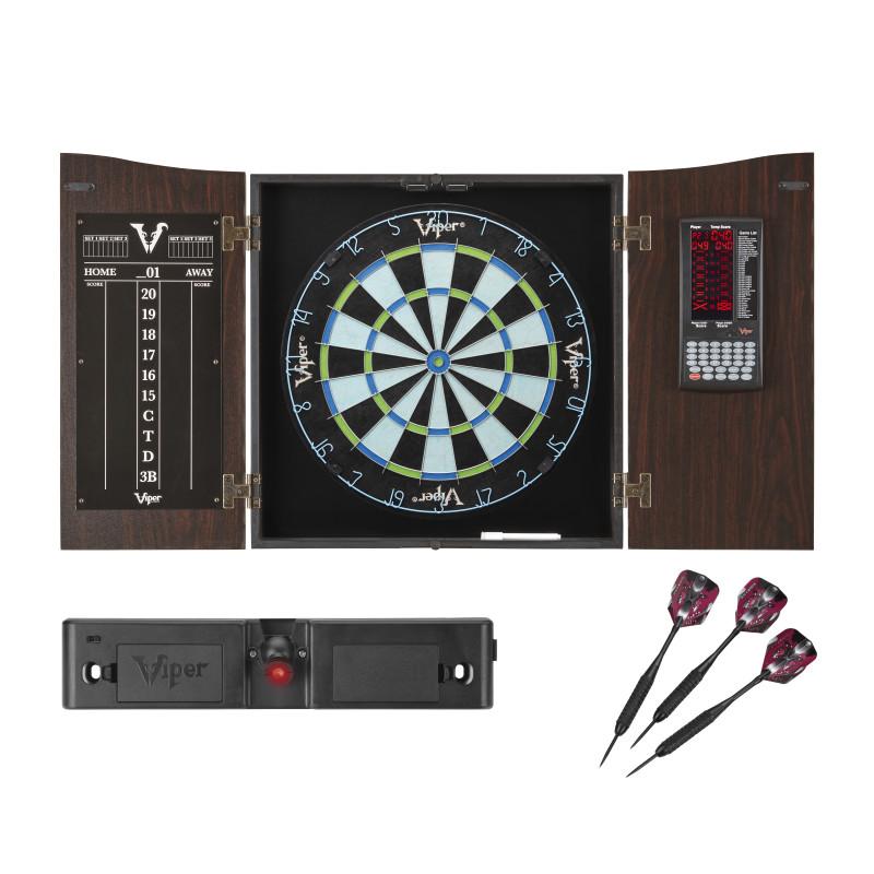 Viper Vault Deluxe Dartboard Cabinet with Built-In Pro Score, Chroma Sisal Dartboard, Laser Throw Line, and Black Mariah Darts