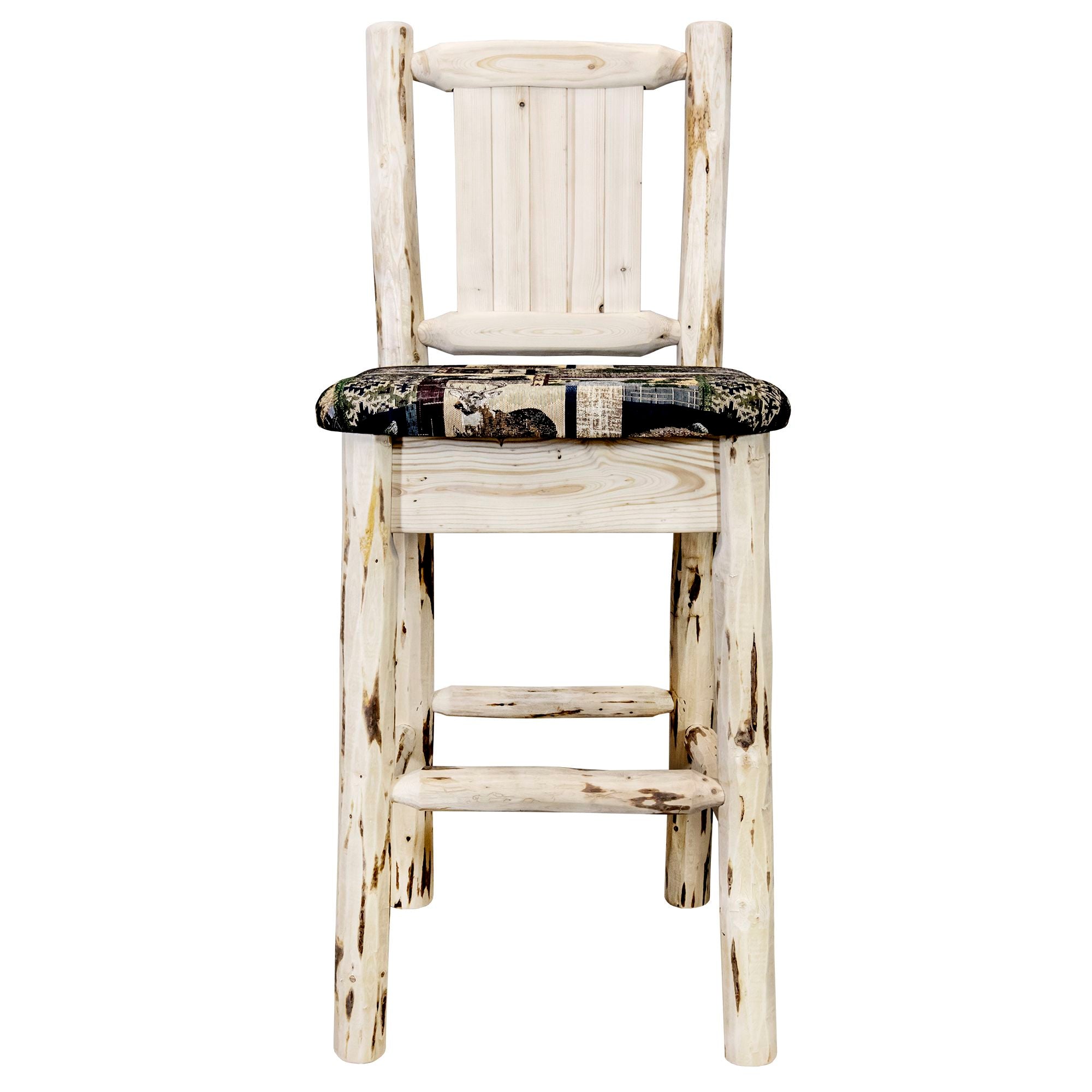Montana Woodworks Collection Barstool w/ Back - Woodland Upholstery, w/ Laser Engraved  Clear Lacquer Finish