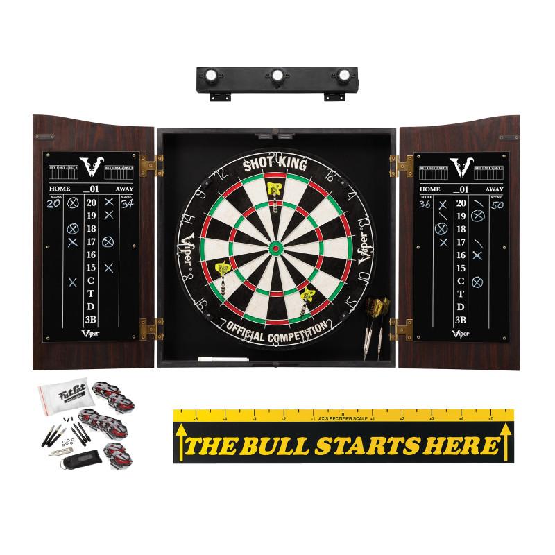 Viper Vault Cabinet with Shot King Sisal Dartboard, Shadow Buster Dartboard Lights, Steel Tip Dart Accessories Kit & "The Bull Starts Here" Throw Line Marker
