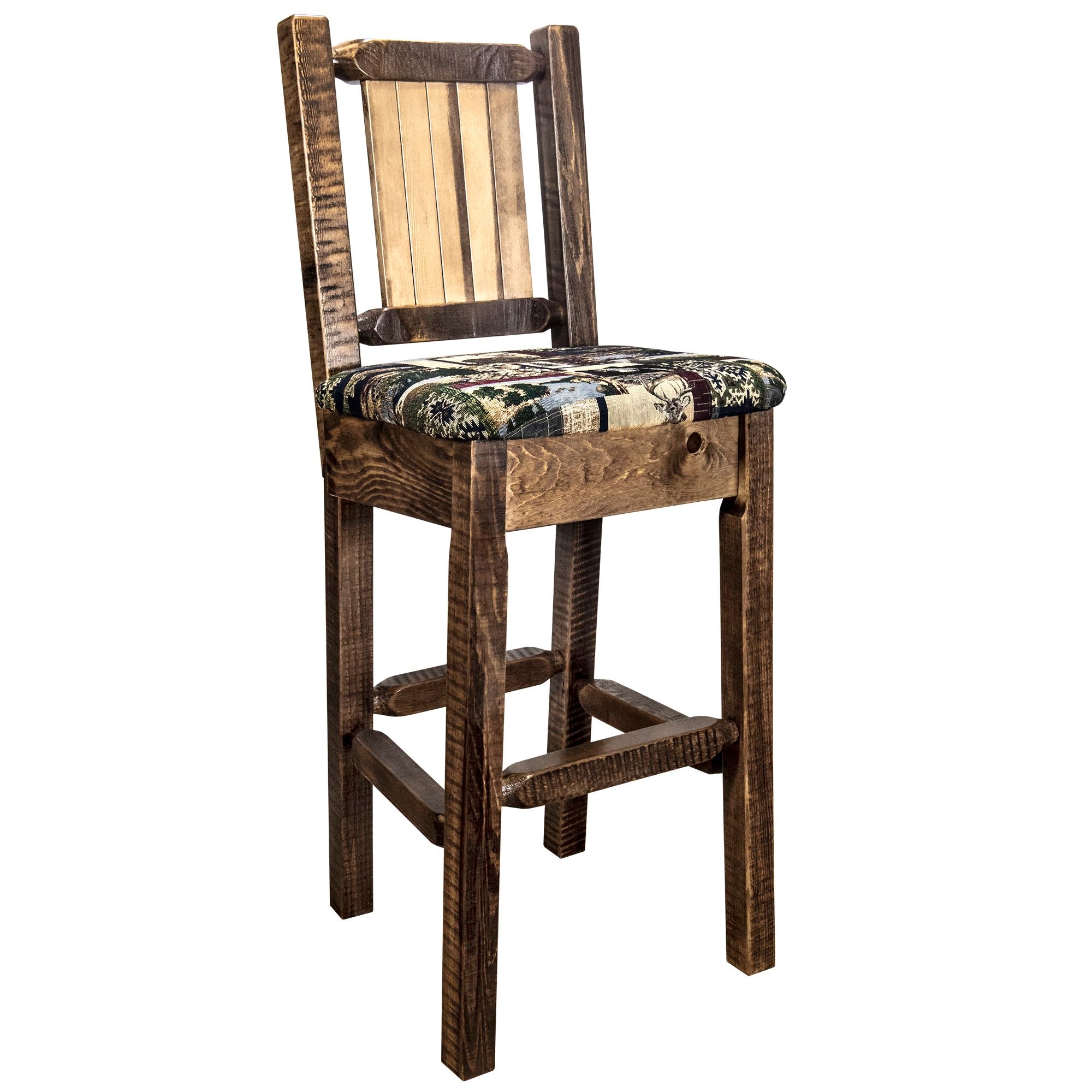 Montana Woodworks Homestead Collection Barstool w/ Back - Woodland Upholstery, w/ Laser Engraved Stain & Lacquer Finish