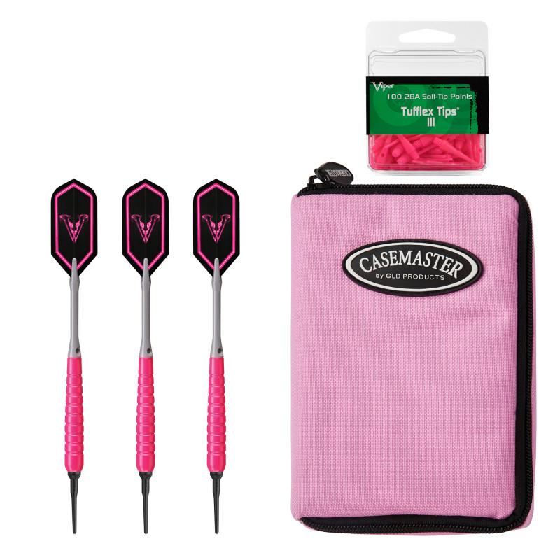Viper V Glo Soft Tip 18gm Pink, Casemaster Select Pink Nylon Case, and Viper 2BA Tufflex Tips III- Neon Pink 100ct. Box