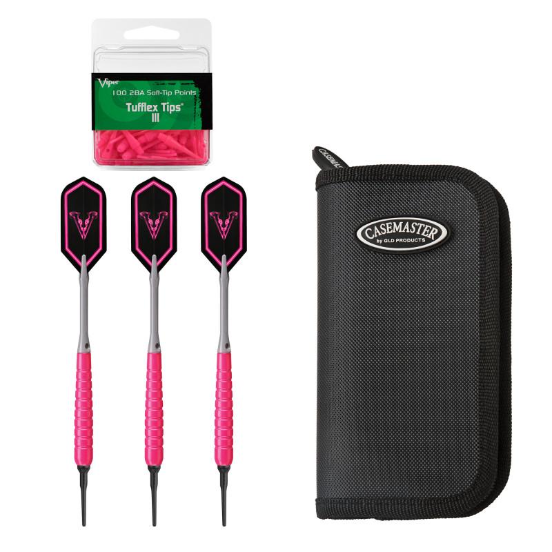 Viper V Glo Soft Tip 18gm Pink, Casemaster Deluxe Black Nylon Case, and Viper 2BA Tufflex Tips III- Neon Pink 100ct. Box